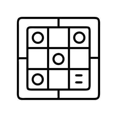 Görsel olarak stratejik düşünme, problem çözme ve karar verme süreçlerini temsil eden, çeşitli daireler ve iki dikey çizgili ızgara tabanlı bir oyunu tasvir eden bir minimalist siyah ana hat simgesi.