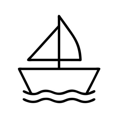Soyut dalgalı suda yüzen tek yelkenli yelkenliyi tasvir eden minimalist bir siyah taslak ikonu. Web tasarımı, uygulamalar, seyahat temaları, navigasyon veya boş zaman aktiviteleri için ideal.
