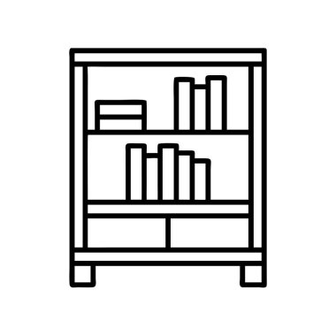 Bir kitap koleksiyonu tutan ahşap bir kitaplığın temiz ve basit bir çizgisi. Okuma, eğitim, kütüphaneler, ev dekorasyonu, öğrenme ve edebi uğraşlarla ilgili kavramlar için idealdir. Web ve yazdırma tasarımları için çok yönlü grafik.