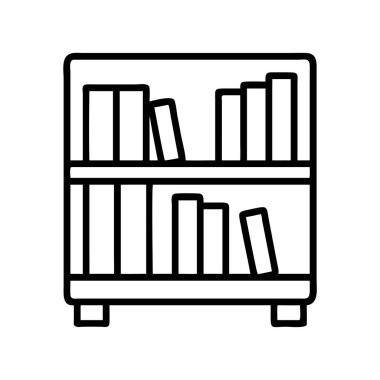 Klasik ahşap bir kitaplık içeren, öğrenme, bilgi ve edebiyat tasarımını sembolize eden, düzgünce düzenlenmiş, küçük, siyah ve beyaz çizgili bir sanat çizgisi..