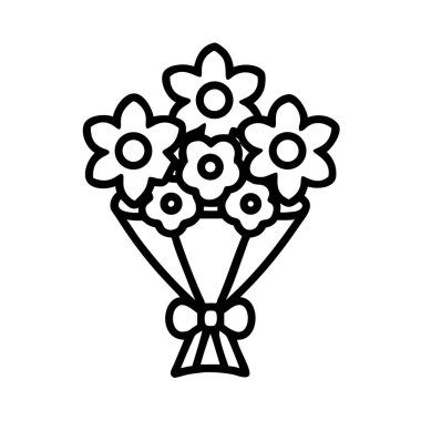 Sevgi, kutlama ve minnettarlığı temsil eden seçkin bir kurdeleyle zarif bir şekilde bağlanmış çeşitli çiçeklerden oluşan büyüleyici bir buketi tasvir eden minimalist siyah bir taslak ikonu..