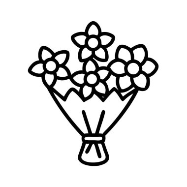 Minimalist siyah çizgili bir sanat ikonu, düzgünce paketlenmiş ve bağlanmış beş çiçekli klasik bir buketi tasvir ediyor. Bahar, aşk, düğün veya yıldönümü temaları, dijital grafikler ve yazdırma medyası için ideal.