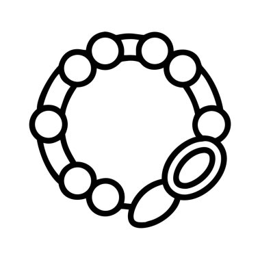 Birbirine bağlı dairesel boncuklar veya halkalar içeren klasik bir bilezik tasvir eden minimalist bir siyah çizgi sanat vektörü ikonu, belirgin bir oval kopçayla tamamlanmış. Web, uygulama veya tasarım projeleri için ideal.