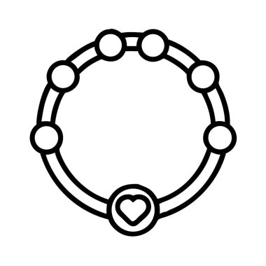 Aşkı, modayı ve kişisel bağlantıyı temsil eden dairesel boncuklu ve çarpıcı bir kalp çekiciliği olan bir bileziğin minimalist çizgisi çizgisi çizimi. Çok yönlü vektör ögesi.