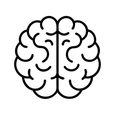 İnsan beynini tasvir eden, bilgi, hafıza, mantık ve akıl sağlığı gibi kavramları sembolize eden minimalist bir siyah çizgi ikonu. Eğitim içeriği ve psikolojik temalar için ideal.