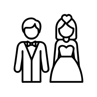 Bu minimalist çizgi sanat ikonu bir gelin ve damadı temsil ediyor, aşkı, bağlılığı ve evlilik birliğini simgeliyor. Davetiyeler, etkinlikler ve dijital tasarımlar için ideal.