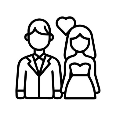 Yeni evli bir çiftin temiz çizgileri, takım elbiseli bir damat ve aşk ve bağlılıklarını simgeleyen bir kalp ikonu ile gelinlik giymiş bir gelin. Düğün, ilişki ve kutlama temaları için ideal.