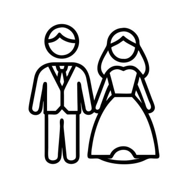 Temiz bir vektör çizimi, gelinlik giymiş bir gelin ve takım elbiseli bir damadı gösteriyor. Evliliği, bağlılığı ve birlikteliği simgeliyor. Web, baskı ve çeşitli dijital projeler için ideal.