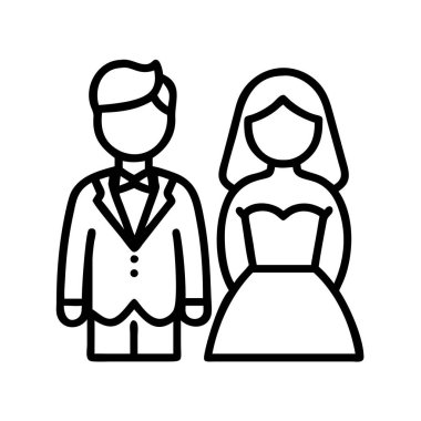 Yeni evli bir çiftin minimalist sanat simgesi, takım elbiseli bir damat ve elbise giymiş bir gelin, aşkı, bağlılığı ve birlikteliği modern grafik tarzında sembolize ediyor..