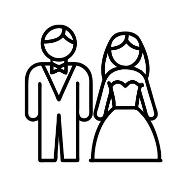 Zarif gelinliğiyle bir gelini ve resmi smokiniyle bir damadı tasvir eden minimalist bir sanat ikonu. Davetiyeler, etkinlik planlaması ve romantik kavramlar için ideal.