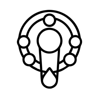 Dijital kavramlar için soyut çizgi resim simgesi. Birbirine bağlı halkaları merkezi bir element etrafında gözyaşı damlasıyla gösterir. Ağı, veri akışını, birliği, bağlantıyı simgeler.