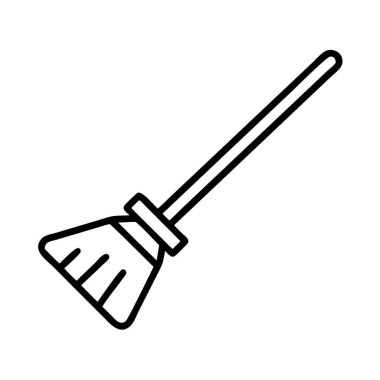 Temizlik hizmeti markalaşması, ev ürünleri grafikleri veya web çizimleri gibi çeşitli tasarım projeleri için ideal bir süpürge tasviri tasvir eden minimalist bir siyah taslak simgesi.