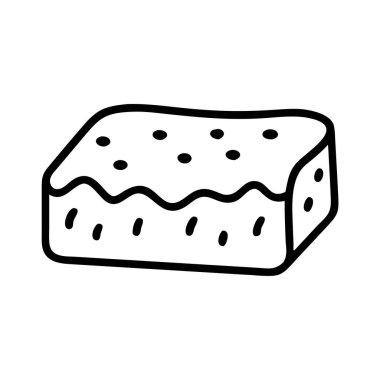 Basit siyah-beyaz çizgili sanat eseri dikdörtgen bir tatlı öğesini tasvir ediyor, browni ya da kek gibi, üzerinde küçük noktalar serpiştirilmiş çikolata parçacıkları. Menüler, yemek tarifi kitapları veya yiyeceklerle ilgili tasarımlar için ideal.