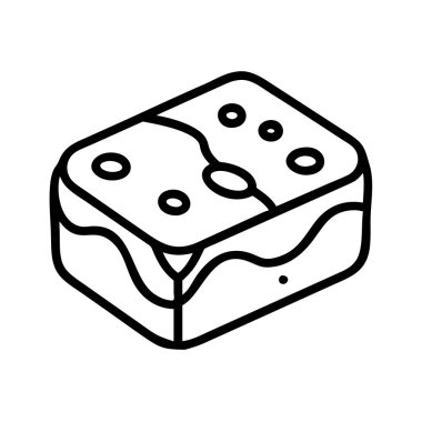 Dalgalı şekerleme ve dağınık yuvarlak serpiştirilmiş, dikdörtgen şeklinde kek veya browni içeren basit bir çizim çizgisi çizimi. Gıda ile ilgili projeler, fırın markalaşması veya tatlı ikram pazarlama malzemeleri için idealdir. Minimalist ve çok yönlü.