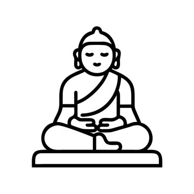 Meditasyon yapan Buda figürünün, ruhani, sağlıklı veya dini tasarım projeleri için mükemmel siyah ana hatlı tasviri, sükuneti teşvik eder..