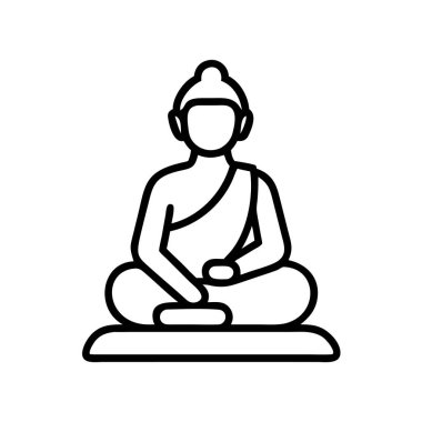 Meditasyonda oturan dingin Buda figürünü tasvir eden temiz vektör çizgisi simgesi, çeşitli tasarım projeleri için ruhsal aydınlanma, sükunet ve dikkatli bir uygulama..