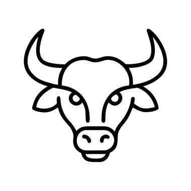Bu minimalist çizgi sanat ikonu, boynuzları, gözleri ve burun delikleriyle bir boğa veya ineğin kafasını tasvir eder. Tarım, zodyak, finans veya gıda ile ilgili tasarımlar için ideal. Çeşitli projeler için uygun temiz ve çok yönlü vektör grafiği.