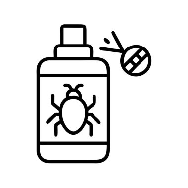 Böcek ilacı için sprey şişesinin ana simgesi, böcek grafiği ve haşereleri hedef alan sprey hortumu. Etkili haşere yönetimi, böcek öldürme ve ev temizliği ve hijyen için itici çözümler sunar.