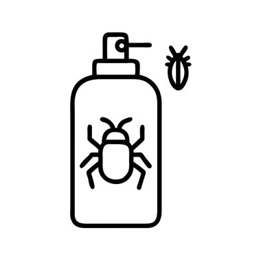 İçinde böcek ilacı olan böcek ilacı şişesini ve başka bir uçan böceği gösteren, etkili haşere kontrolü ve yok etme çözümlerini temsil eden bir sanat simgesi..