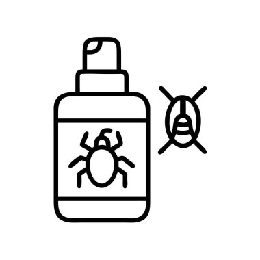 Böcek kovucu sprey şişesini çizen minimalist bir çizgi ikonu, haşereleri, böcekleri ve pireleri önlemeyi sembolize eden işaretin yanında. Sağlık ve dış güvenlik kavramları için ideal.