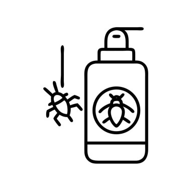 Üzerinde böcek sembolü ve böcek olan bir sprey şişesini gösteren basit bir çizgi ikonu. Etkili haşere kontrolü, böcek imhası ve böcek savar çözümlerini temsil ediyor..