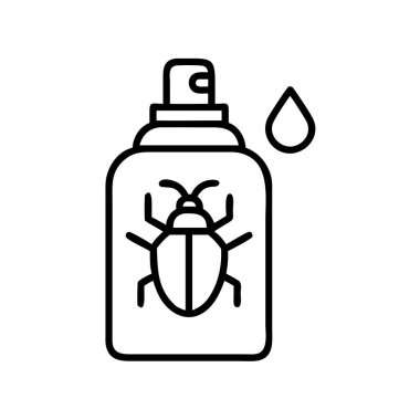 Böcek ilacı şişesinin çizgi çizimi. İçinde böcek ve sıvı damlası var. Böcek ilaçlama, ev hijyeni ve etkili böcek kovucu çözümleri temsil eder..