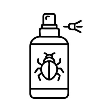 Böcek kovucu sprey şişesi ve böcek sembolü içeren bir taslak ikonu sprey yayıyor. Böcek ilaçlama, böcek ilacı, ev hijyeni ve böceklere karşı kişisel koruma sunar..