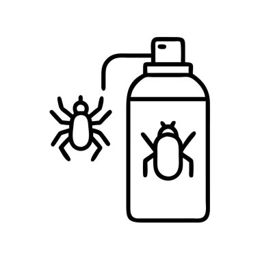 Böcekleri hedef alan, böcek kontrolü, böcek kovucu, ev imhası ve genel hijyen anlamına gelen bir sprey şişesini gösteren minimalist siyah çizgi sanat ikonu..