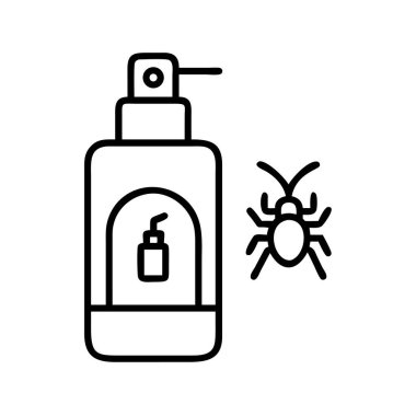 Böcek ilacı, böcek ilacı, böcek ilacı ve etkili böcek ilaçlama çözümlerini sembolize eden böcek ilaçlama şişesinin yanında tasvir edilen bir taslak ikonu. Temiz vektör.