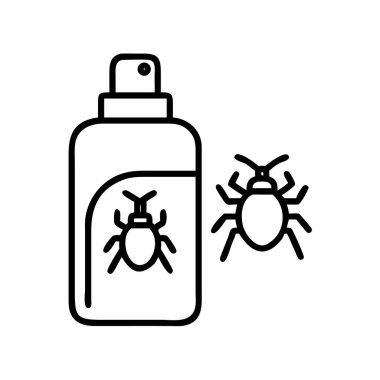 Böcek ilaçlama şişesini, etkili böcek imhası, ev koruması ve hijyeni temsil eden iki böcekle birlikte tasvir eden açık bir taslak ikonu. Temizlik, sağlık ve ev bakımı projeleri için ideal.