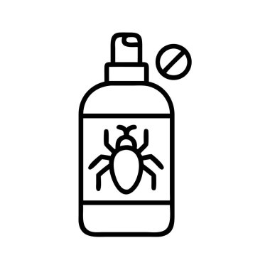 Bu temiz çizgi sanat ikonu açık bir yasaklama işareti olan örümcek savar sprey şişesini gösteriyor. Haşere yönetimi, ev güvenliği ve böceksiz ortamlar için ideal. Vektör grafiği.