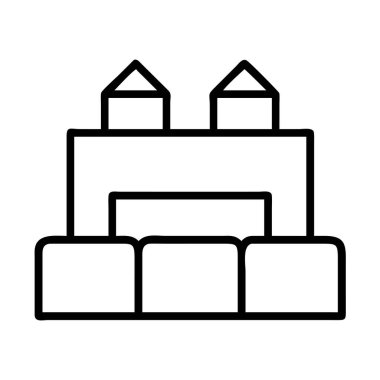 Minimalist siyah çizgi ikonu, belirgin temel blokları ve iki belirgin çatısı olan genel mimari yapı tasvir ediyor. Web tasarımı, uygulamalar ya da kavramsal görseller için mükemmel.