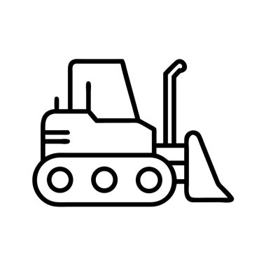 Buldozer olarak da bilinen bir ön yükleyiciyi tasvir eden bir minimalist çizgi çizimi, önemli bir kova ve sağlam raylar, ağır inşaat, kazı ve toprak taşıma projeleri için ideal..
