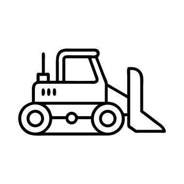 Güçlü bir buldozerin minimalist bir tasviri, çeşitli inşaat alanları ve inşaat mühendisliği projeleri için temel bir mekanizma, beyaz üzerine izole edilmiş..