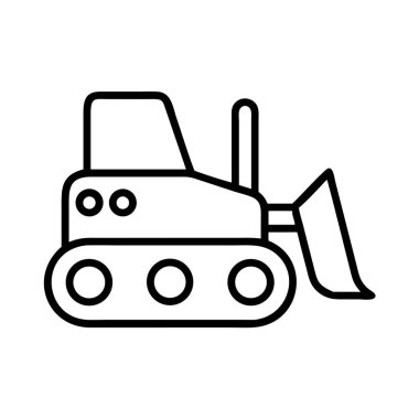 Güçlü bir buldozer veya ray yükleyicisini temsil eden minimalist çizgi sanat ikonu, inşaat alanları, yol yapımı ve yıkım projeleri için gerekli ağır ekipman. Temiz vektör grafiği.
