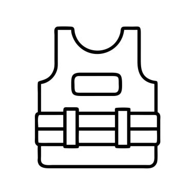 Kurşun geçirmez yelek tasvir eden minimalist bir sanat ikonu, temel kişisel koruma teçhizatı. Kritik roller ve tehlikeli ortamlarda güvenlik, savunma ve güvenliği sembolize eder. UI / UX tasarımı için ideal.