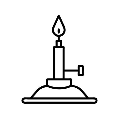 Klasik Bunsen ocağının detaylı bir tasviri aktif bir alevle birlikte. Genellikle beyaz arka plan üzerinde ısıtma, sterilizasyon ve yanma deneylerinde kullanılır..