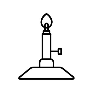 Aktif alevi olan bir Bunsen ocağının basit vektör ana hatları. Bilimsel deneyler, kimya dersleri ve laboratuarlardaki araştırmalar için gerekli ekipmanlar. Eğitim ve bilimsel tasarım projeleri için ideal.