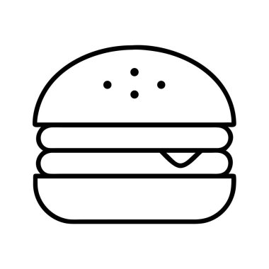Klasik bir hamburgerin temiz ve basit bir çizgisi, susam tohumlu bir çörek, bir köfte ve erimiş peynir, fast food, aperatifler ve modern, ölçeklenebilir vektör grafiğinde restoran menülerini temsil ediyor..