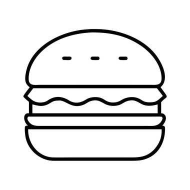 Hamburgeri tasvir eden temiz ve modern bir vektör ikonu, içinde çörek, köfte ve malzemeler var. Dijital arayüzler, web tasarımı ve yazdırma materyalleri için uygundur.