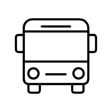 Bir toplu taşıma otobüsünün önünü tasvir eden temiz, minimal, izole bir vektör ana hatları ikonu. Seyahat ve şehir hayatıyla ilgili web, uygulama, işaret ve tasarım projeleri için ideal.