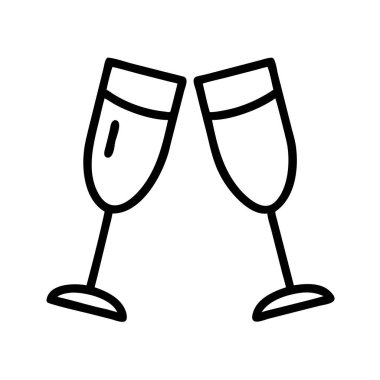 İki kadeh tokuşturup kutlama, kadeh kaldırma, sevinç ve özel durumları sembolize eden minimalist siyah bir simge. Davetiyeler ve şenlikli tasarımlar için ideal.
