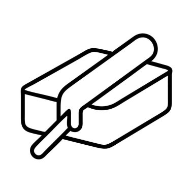 Bir parça tereyağını kısmen batık bir bıçakla sergileyen minimalist bir çizginin çizimi, erimeyi ya da yayılmayı işaret ediyor. Mutfak teması, yemek tarifleri ve kahvaltı kavramları için mükemmel..