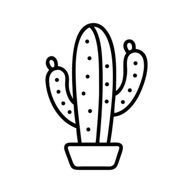 Uygulama simgeleri, web grafikleri, eğitim materyalleri veya dekoratif tasarım unsurları için ideal saguaro tarzı kaktüsün minimalist siyah ana hatlı çizimi. Beyazda izole edilmiş.