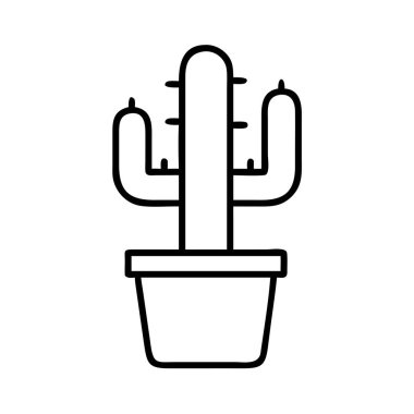 Dijital projeler, UI / UX ya da basılı materyaller için ideal, bitkide saguaro tarzı çöl kaktüsü içeren temiz ve basit bir çizgi çizimi..
