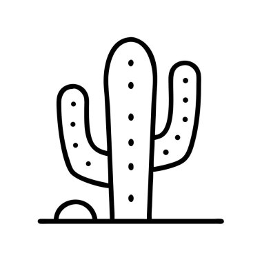 Bir çöl kaktüsünün temiz, siyah ana hatlı bir simgesi. Dalları ve noktaları var. Sabit bir çizgi üzerinde duruyor. Esnekliği, kurak manzaraları veya güneybatı temalarını temsil eden tasarımlar için idealdir..