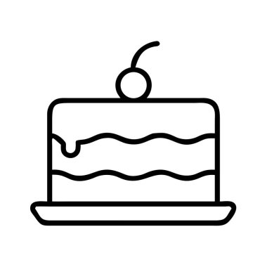 Kirazlı, lezzetli katmanlı bir pastanın minimalist çizgisi çizimi. Menüler, davetiyeler ve dijital tasarımlar için ideal. Tatlıyı, doğum günlerini ve kutlamaları simgeliyor..