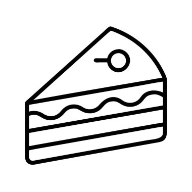 Bir minimalist çizgi sanat ikonu üçgen bir pasta dilimi sergiliyor, katmanlı detaylar ve basit bir kaplaması var. Menüler, parti davetleri ve web tasarım ögeleri için ideal.