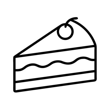Minimalist siyah çizgili, üzerinde kiraz olan bir dilim pastanın tasviri. İnternet, mobil uygulamalar, menüler ve tatlı ikram pazarlama malzemeleri için ideal. Basit vektör grafiği.