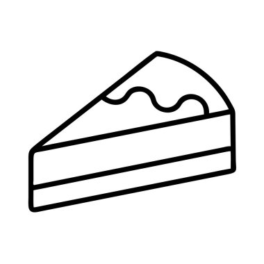 Üçgen şeklinde bir pasta dilimi, gösterişli tabakalar ve dalgalı şekerleme tasvir eden minimalist bir siyah taslak ikonu. Menüler, tarif blogları ve tatlı ikram tasarımları için ideal..